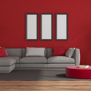 Sala com parede vermelha, 3 quadros brancos, um sofá cinza, um tapete cinza, um pufe vermelho e três vasos de plantas à direita.